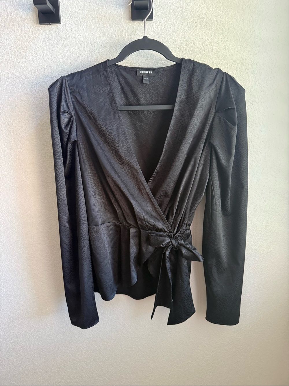Express Black Wrap Blouse with Tie Waist Puff Sleeves